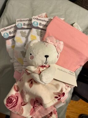 Gerber Pink Floral Bear Lovey with Bow and Bib Sets. 13 Bibs.  NWT